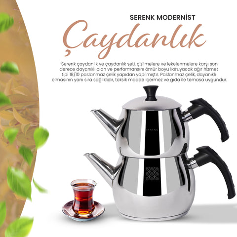 Serenk Modernist Türkisches Teekanne-Set, Caydanlik, Schwarz