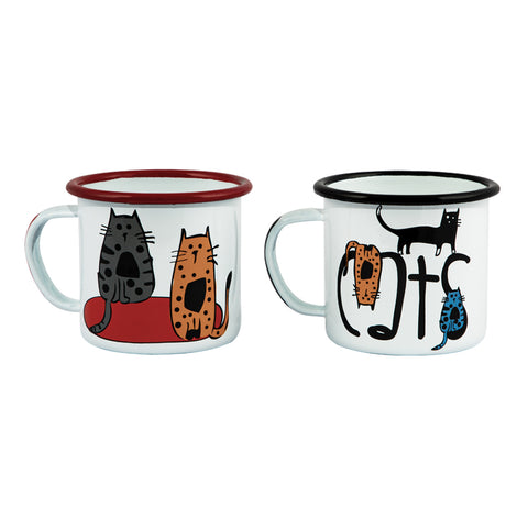 Biggdesign Cats Gemustert Emaille Mug Set, Emaille Tasse