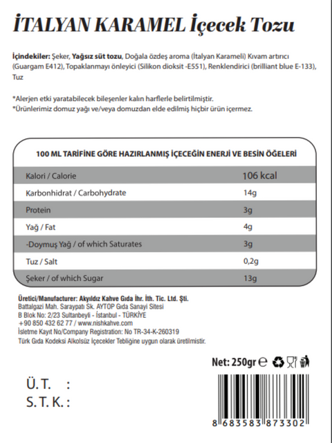 Nish Geschmackspulver Getränk İtalienisches Karamell 250 Gr